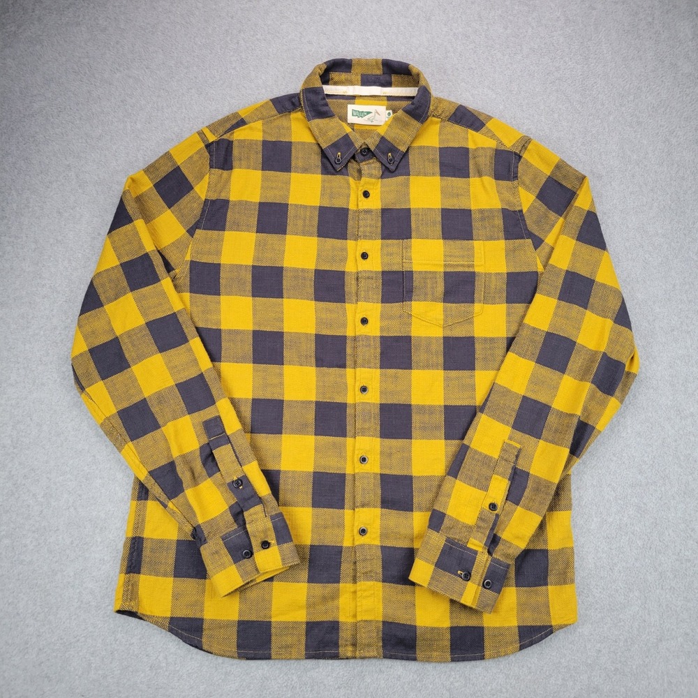 Wellen Flannel Shirt Mens Large Yellow Charcoal Buffalo Check Organic Cotton